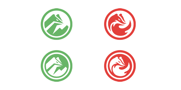Crests of the Tungsten Badger Clan (left) and Smoldering Badger Clan (right). The Tungsten Badger Clan consists of Extraverted Sensors (top) and Introverted Sensors (bottom), while the Smoldering Badger Clan consists of Extraverted Intuitives (top) and Introverted Intuitives (bottom).