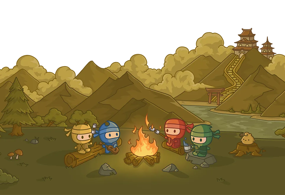 A variety of ninjas at a campfire.