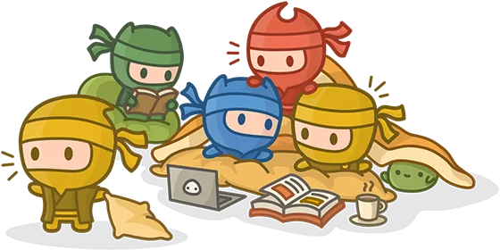 Bunch of friendly ninjas having a sleepover.